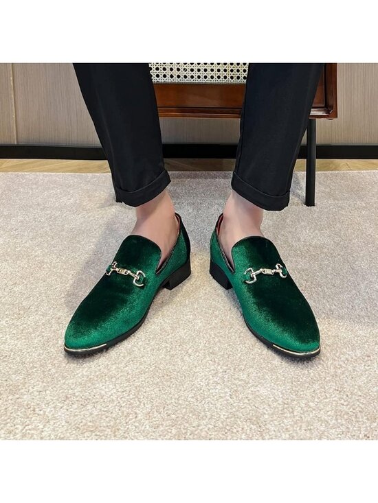 Men\'s Green Velvet Penny Loafers Metal Buckle Slip On Luxury Suede Formal Shoes main image 6